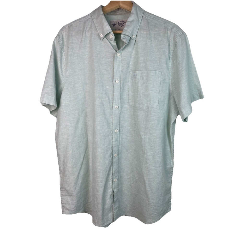 Penguin by Munsingwear Men's L Robin's Egg Blue Linen Blend Button Up Shirt